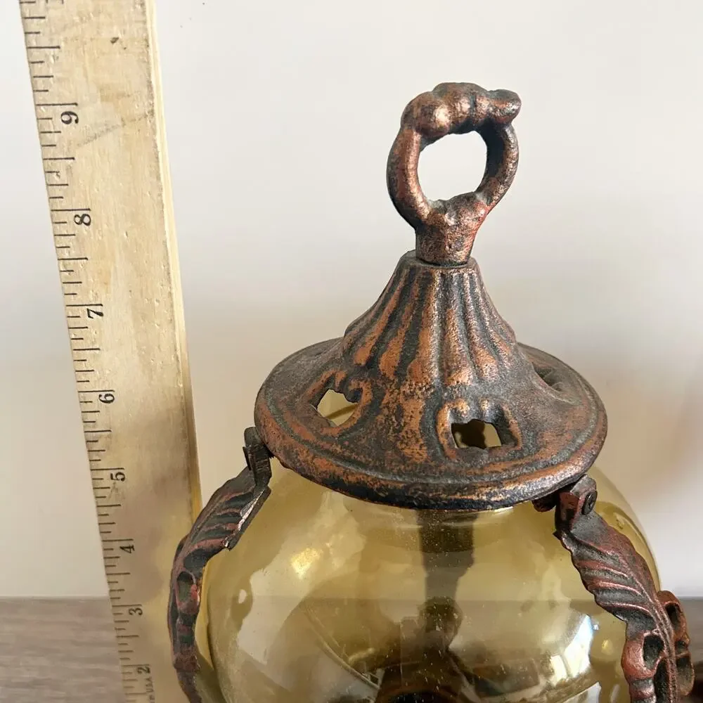 Vintage Pair Spanish Revival Wrought Iron Amber Glass Round Tea Candle Lanterns